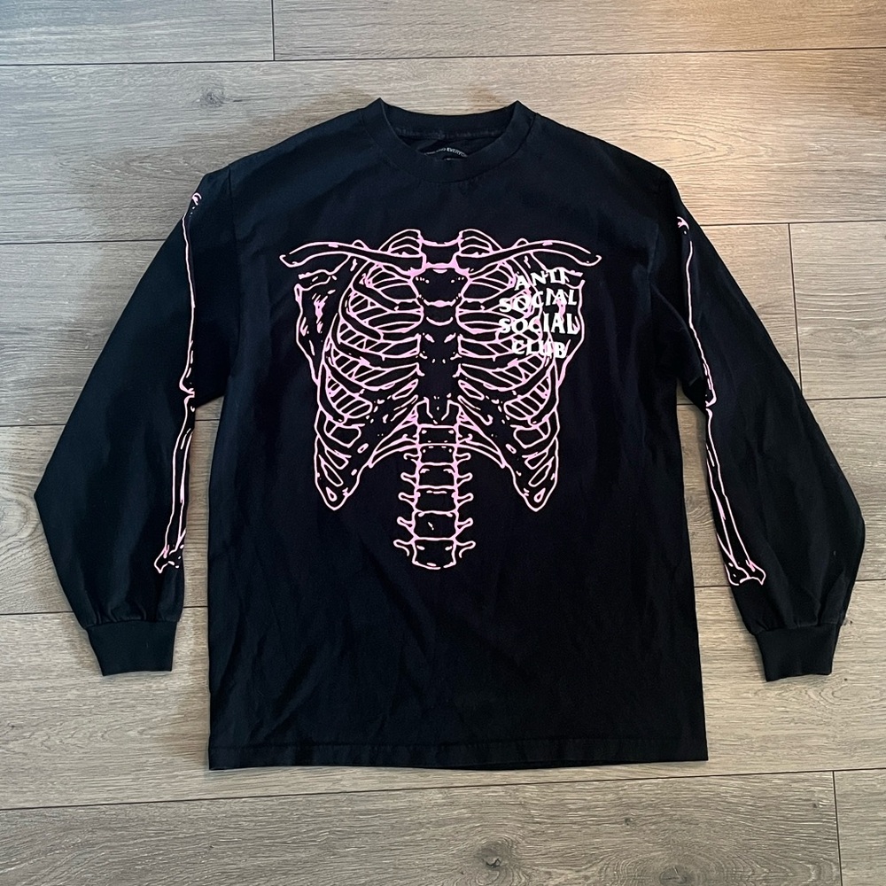 Anti Social Social Club Black and Pink Skeleton Long Sleeve Shirt. Size M